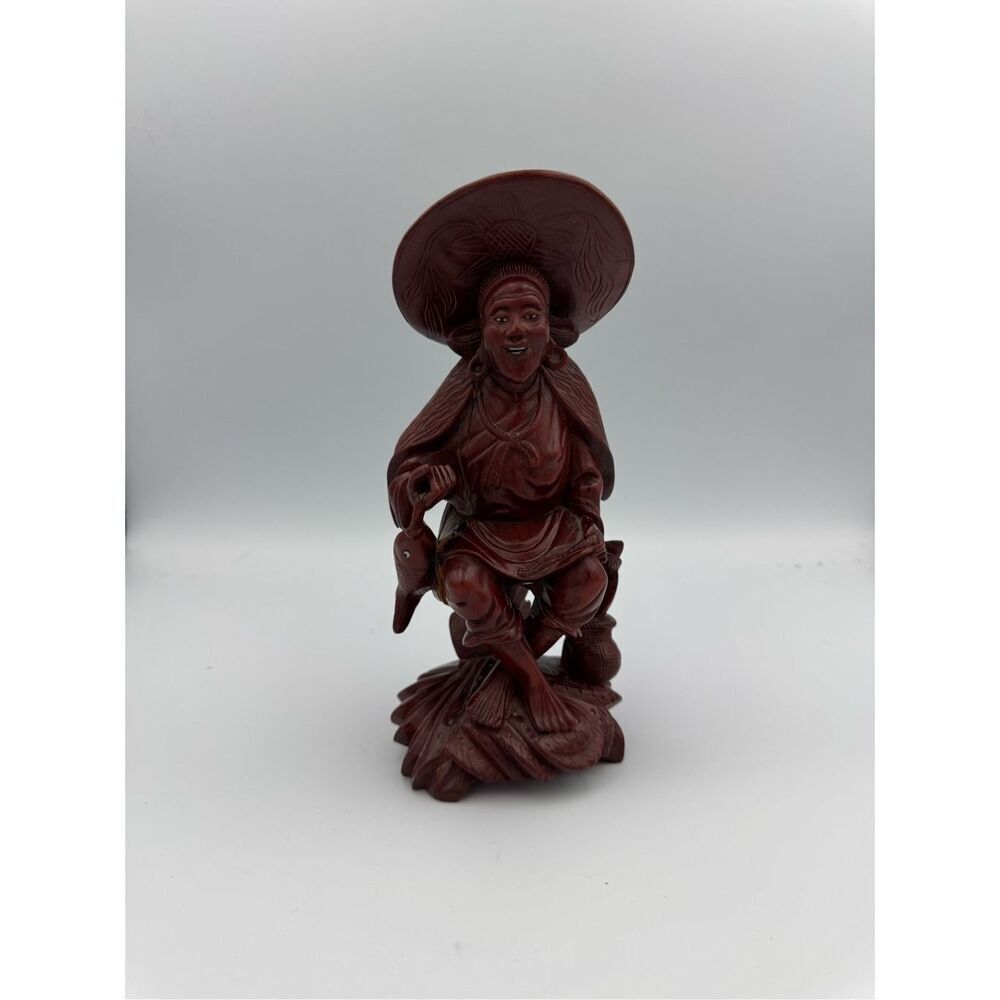 Red Wood Hand Carved Sculpture Sitting Chinese Old Wise Man with Fish